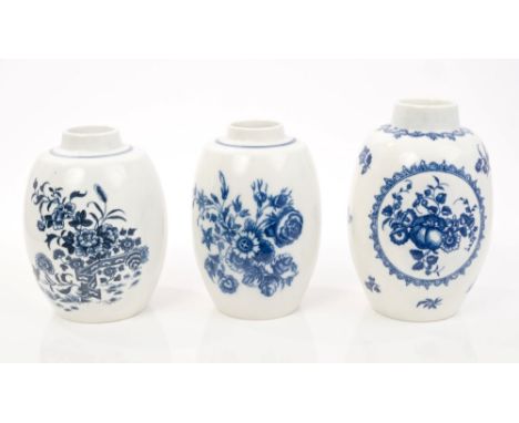 Three 18th century Worcester blue and white baluster-shaped tea canisters with printed floral decoration - two with crescent 