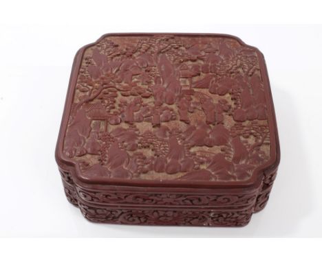 Fine Chinese Qing period cinnabar lacquer box decorated with figures in a rocky landscape and floral scroll sides - inset Qia