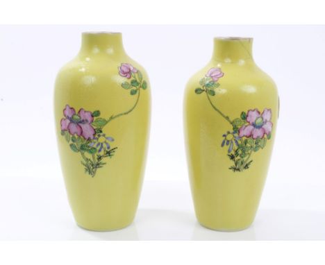 Pair 19th century Chinese yellow glazed vases with incised scroll and famille rose painted floral sprays - red seal marks to 