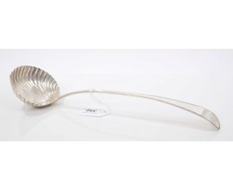 George III silver Old English bead edge pattern soup ladle with stylised shell bowl (London 1777), Hester Bateman.  All at ap