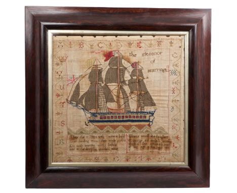 Eleanor Woolf, aged 8, 1822 rare and unusual George IV needlework sampler with three-masted Man o' War, titled 'The Elenanor 