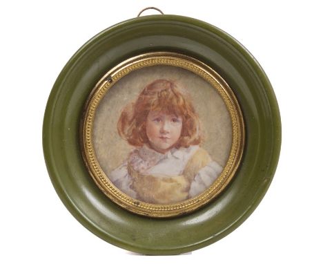 English School, early 20th century, watercolour on ivory - miniature portrait of a young girl in yellow dress, inscribed vers