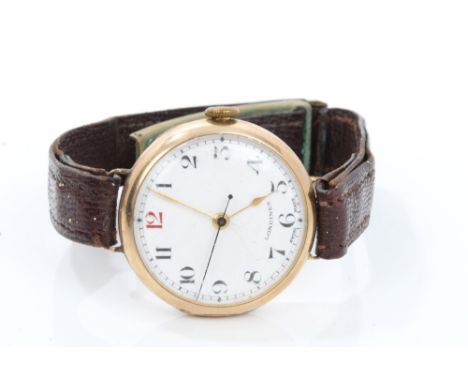 1930s gentlemen's Longines gold (9ct) wristwatch with white enamel dial, gold hands and black centre sweep seconds, on leathe