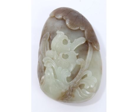 Chinese carved green jade boulder ornament decorated with birds and mountains, 8cm