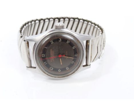 1950s Siduna Militar wristwatch with bronzed and black dial, red centre sweep seconds in steel case, on expanding bracelet, t