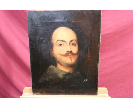 19th century Continental School oil on canvas - portrait of a moustached gentleman with lace collar, 46cm x 37cm, unframed