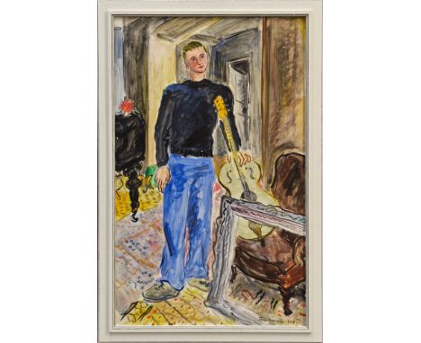 John Harrison (1914 - 2002), mixed media on board - Robert Le Guitariste, signed and dated 1944, framed, 60cm x 37cm
