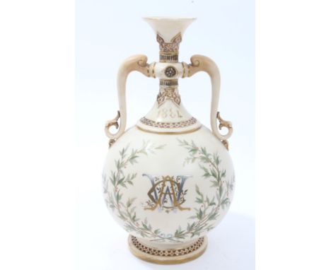 Victorian Royal Worcester blushed ivory two-handled vase with WAC monogram and date 1884, 28.5cm