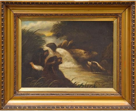 Edward Armfield (1817 - 1896), pair oils on canvas - Otter Hunting, signed, in gilt frames, 37cm x 49.5cm
