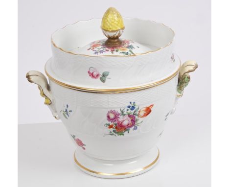 Late 18th / early 19th century Dresden porcelain ice pail and cover with pineapple finial, moulded basket-weave border, polyc