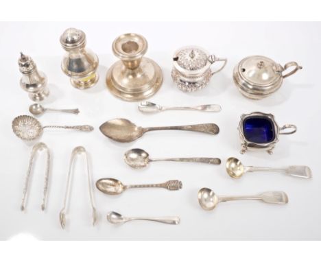 Selection of miscellaneous silver - including two mustard pots, two peppers, salt, dwarf candlestick and a quantity of silver