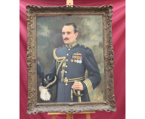 1950s oil on canvas - portrait of a Royal Air Force Group Captain wearing full dress uniform, helmet, sword and medals (1939 