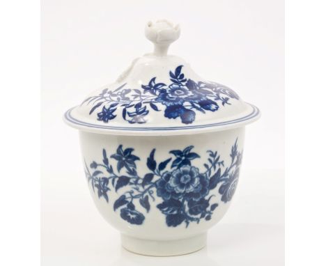 18th century Worcester blue and white sucrier and cover with applied floral knop, printed floral decoration - blue crescent m