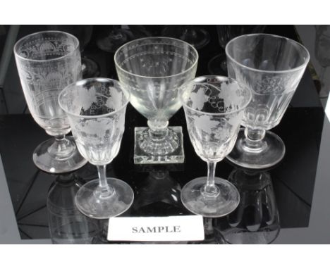 Georgian glass rummer with 'lemon squeezer' foot, five other rummers and set of five Victorian vine engraved wines