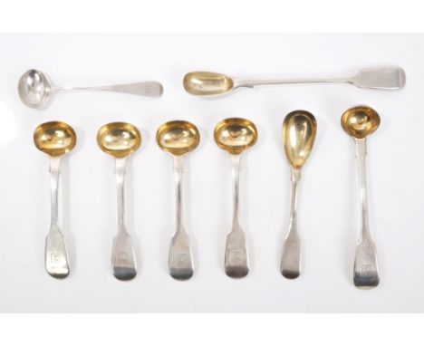 Set of four Victorian silver trencher salt spoons with engraved shield (London 1840), Mary Chawner and a matching condiment l