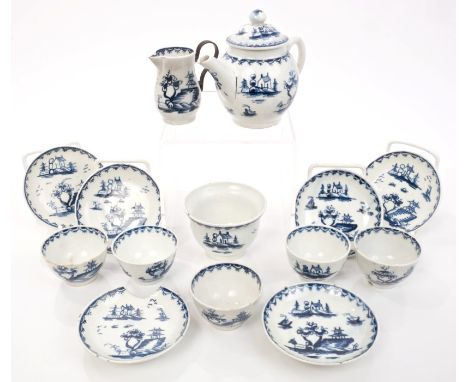 Rare 18th century Lowestoft blue and white miniature or toy tea service, circa 1762 - 1765, painted with boats, pagodas in Ch