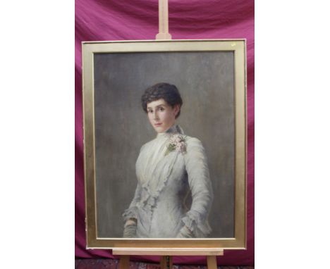 Edwardian English School oil on canvas - portrait of a lady in white dress, in gilt frame, 84cm x 63cm