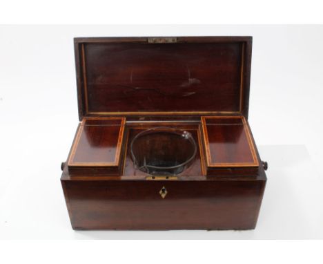 Regency mahogany and tulipwood crossbanded tea caddy of rectangular form, with flanking loop handles, the cover with vacant b