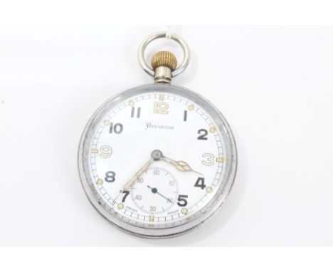 Second World War Helvetia military pocket watch with luminous hands and numeral dots, stainless steel case with broad arrow a