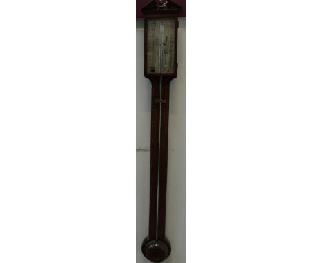 Late 19th century stick barometer with exposed tube with concealed balls and silvered scale plate, signed - J. Ontalli & Co. 