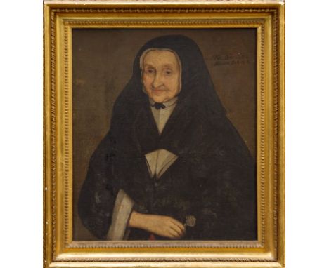 Mid-17th century English School oil on canvas - portrait of a Nun, aged 74, inscribed in Latin, in gilt frame, 63cm x 53cm   