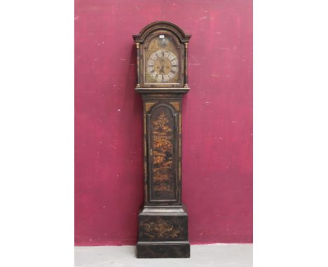 Early 18th century Colchester longcase clock with eight day movement, brass break arch dial with face mask spandrels, wheat-e