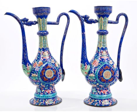 Pair 19th century Chinese Canton enamel ewers of Middle Eastern metalwork form, with tall, slender necks and thin curving spo