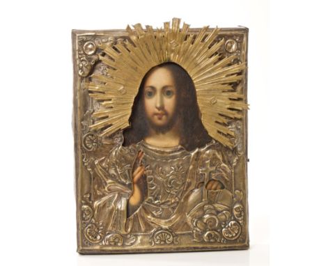 Imperial Russian icon with gilt metal embossed frame and gilt oklad - painted on panel portrait of Christ - dated '06' on bac