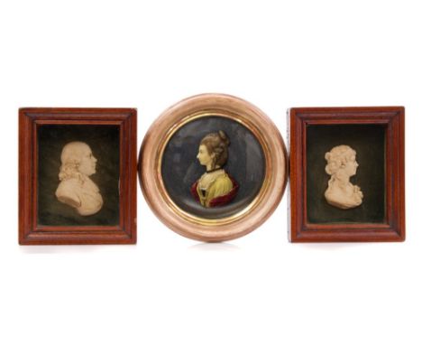 Pair of late George III wax profile bust portraits by Tassie - including a gentleman named as Alex Waugh A.M., a lady named a