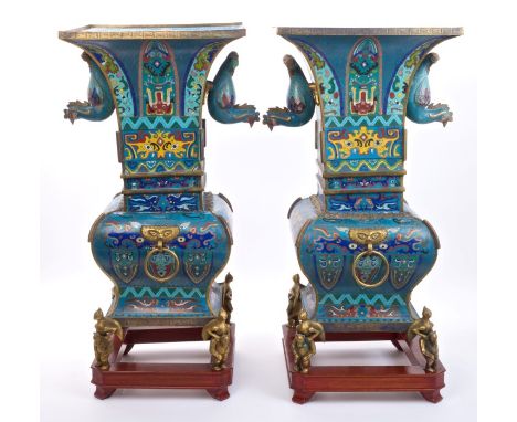 Fine and large pair of Chinese Qing period cloisonné archaic Gu vases, finely decorated with taotie masks and geometric bands