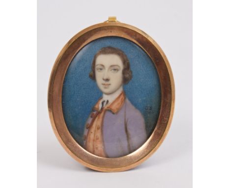 Gervase Spencer (circa 1715 - 1763), miniature watercolour on ivory - portrait of a gentleman in purple coat and red waistcoa