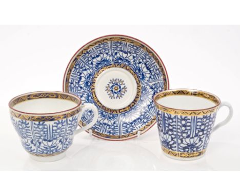 Late 18th century Worcester trio with blue and white segmented panels and gilt and blue borders