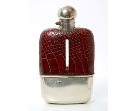 1920s silver mounted glass spirit flask with hinged bayonet fitting cap, crocodile leather cover and detachable cup (Sheffiel