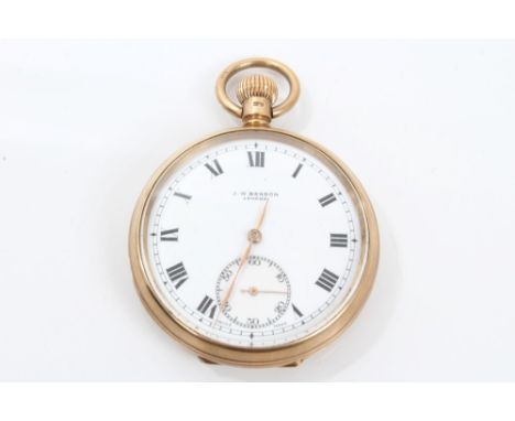Gentlemen's gold (9ct) J. W. Benson open face pocket watch with enamel dial, Roman numerals and subsidiary seconds, 50mm diam