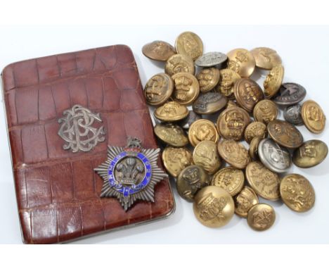 Silver and enamel Royal Masonic Institute for Girls 1927 badge, crocodile cigar case and lot of military buttons 