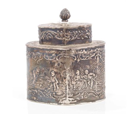 Late 19th century Dutch silver tea caddy of diamond form, with embossed decoration featuring panels of amorous scenes, with s