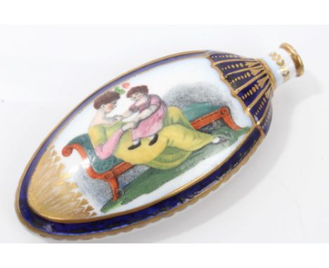 Late 18th century porcelain, possibly Chamberlain's Worcester scent flask of flattened ovoid form, decorated with mother and 