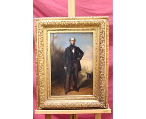 19th century English School oil on board - full-length portrait of a gentleman in landscape, monogrammed and dated 1866, in g