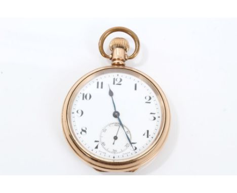 1920s gold plated open face pocket watch with stem-wind movement and white enamel dial, 5cm diameter