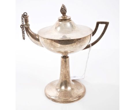 George V silver table lighter in the form of an Aladdin's lamp, on a tall pedestal base (Birmingham 1912), maker's mark rubbe