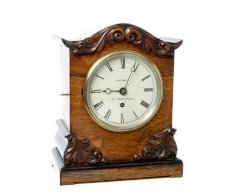 19th century bracket clock with eight day single fusee timepiece movement, white enamel dial with Roman numerals and silvered