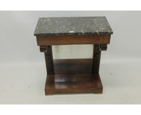 Regency mahogany pier table / console table with grey marble top, plain frieze on reeded scroll bracket supports with carved 