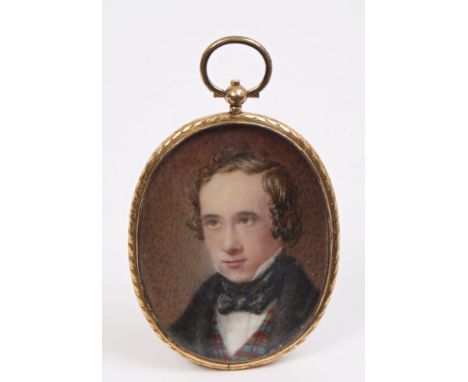 English School, circa 1820, miniature on ivory - portrait of a young gentleman in tartan waistcoat, oval glazed frame, with t