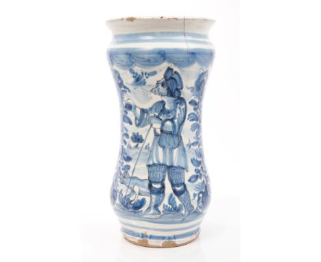 17th / 18th century Italian albarello blue and white Majolica drug jar of waisted form, with painted decoration of a farmer w