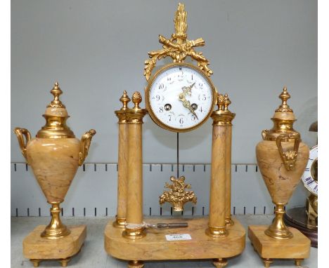 A continental 19th century style ormolu and marble mantel clock garniture with floral decorated white enamel dial and 8 day s