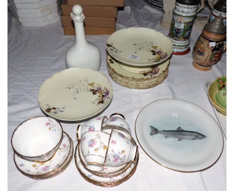 A Limoges 7 piece part dessert service; a Royal Stafford part tea service and a fish plate; a Royal Copenhagen decanter