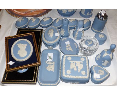 A Wedgwood blue Jasperware clock, 6 egg trinket boxes; 15 pieces of trinket ware