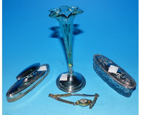 A silver nail buffer; a silver top trinket box; a specimen vase; silver plate and pewter