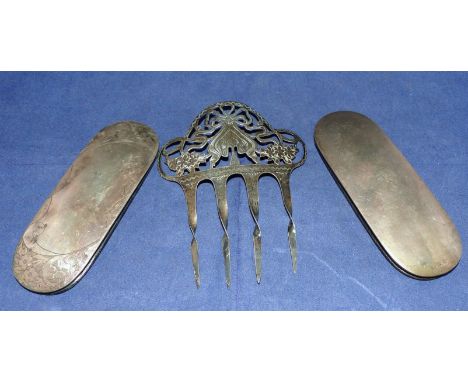Two Victorian silver mounted spectacle cases; a chased silver hair comb
