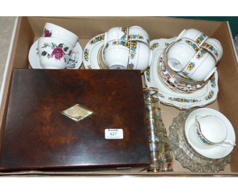 A Victorian walnut jewellery box; a Paragon bone china part tea service; a large dish; etc.